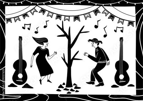 a pair of lovers dancing and playing music on rocky ground. illustration of cordel style
