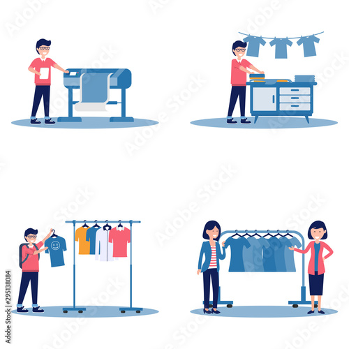 set of male and female selling clothes and t-shirt. man printing silk screen on t-shirt process. man printing banner using print machine vector illustration
