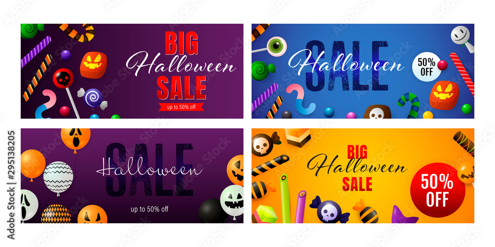 Happy Halloween violet banner set with candies and balloons