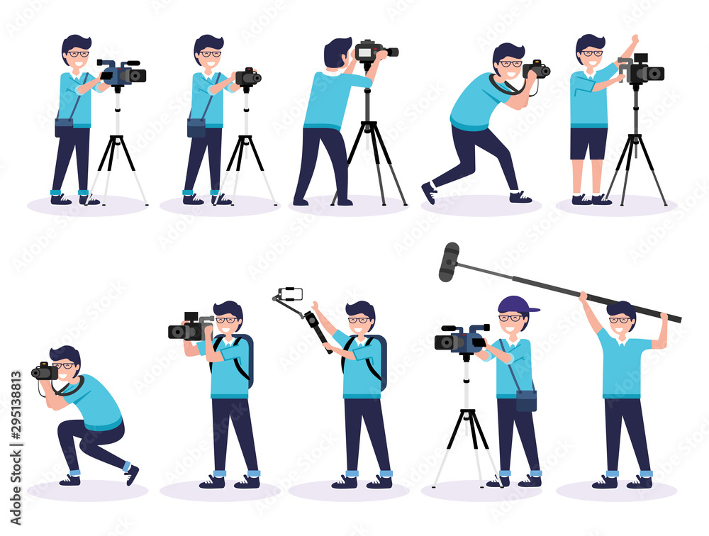 Fototapeta premium set of photographer taking picture. cameramen taking video using tripod. man holding boomer vector illustration