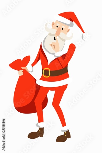 Cartoon Santa Claus in a traditional costume with a bag of gifts in his hand, presses a finger to his lips. New Year and Christmas card. Flat vector illustration.