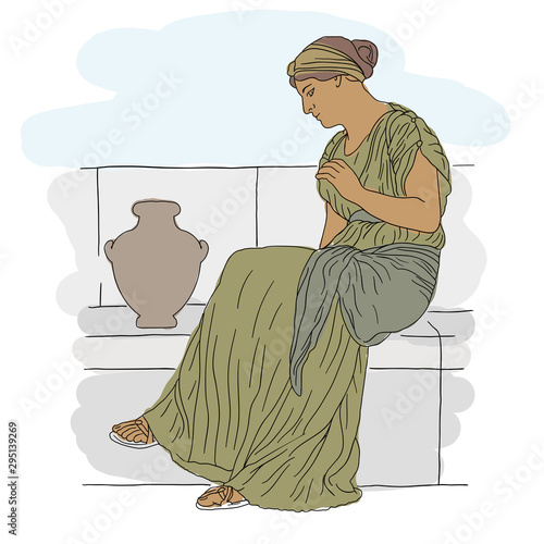 A young woman sits on a stone parapet with jugs. Vector image isolated on white background.