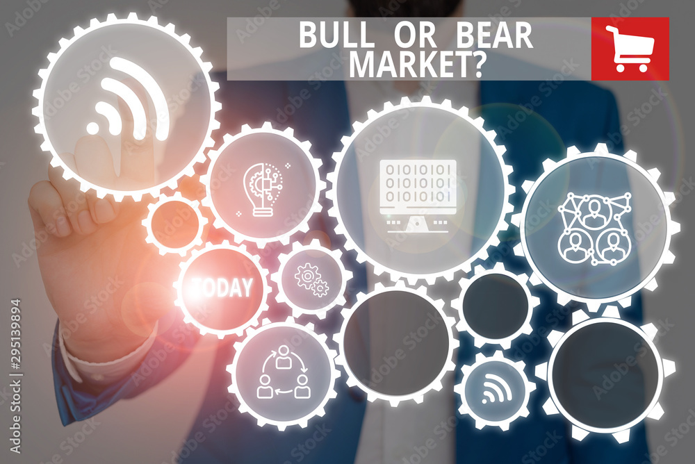 Text sign showing Bull Or Bear Market Question. Business photo showcasing asking someone about his marketing method Male human wear formal work suit presenting presentation using smart device
