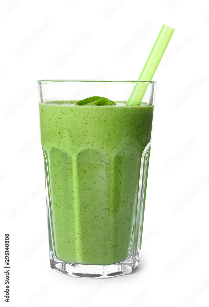 Glass of healthy green smoothie with fresh spinach on white background Glass of healthy green smoothie with fresh spinach on white background