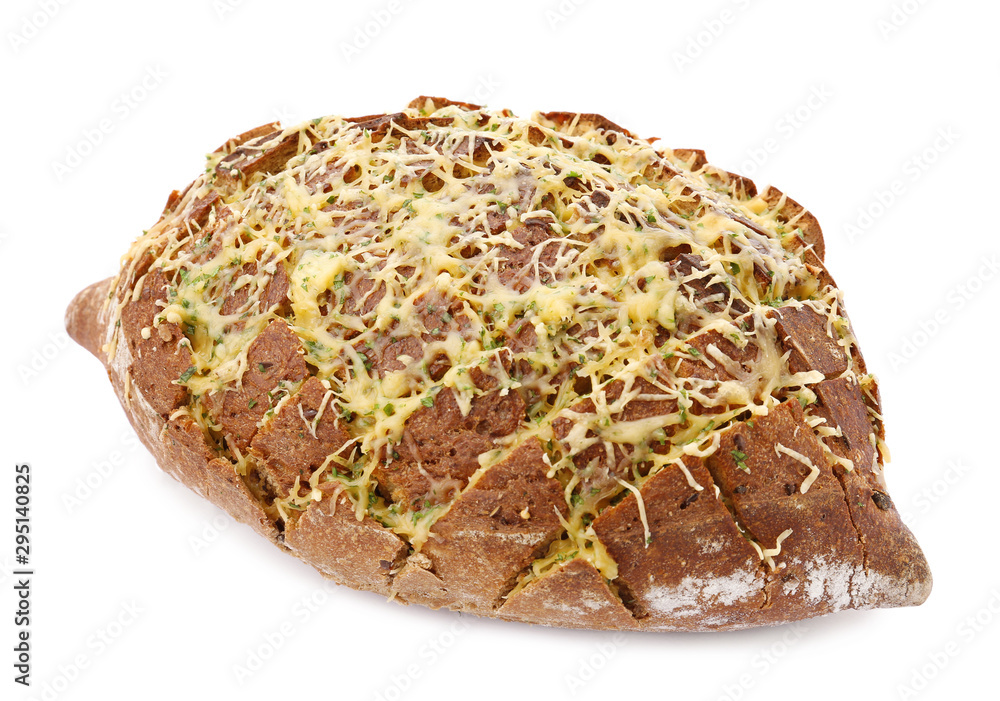 Tasty homemade garlic bread with cheese and herbs on white background