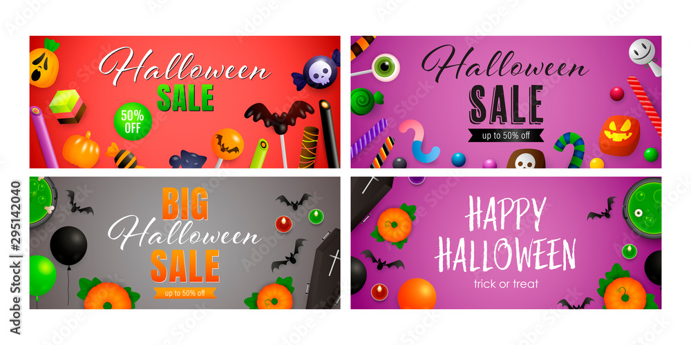 Happy Halloween red, violet banner set with candies