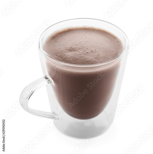 Delicious cocoa in glass cup on white background