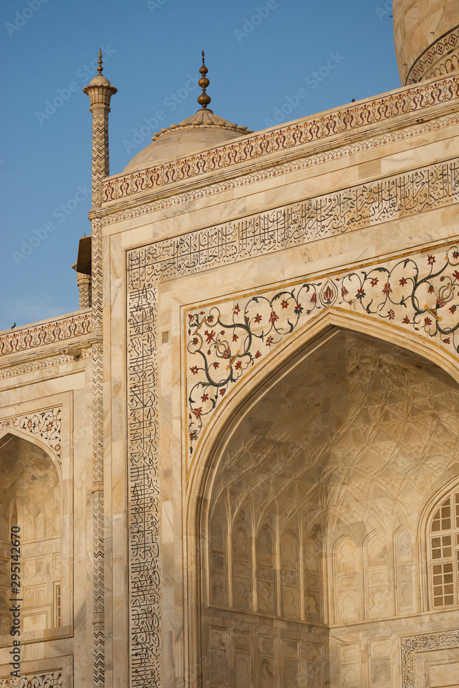 Agra, India. Detail view of the Taj Mahal.
