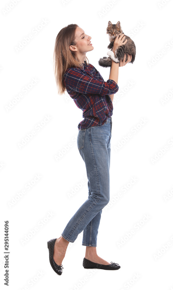 Young woman with cat on white background. Owner and pet Young woman with cat on white background. Owner and pet