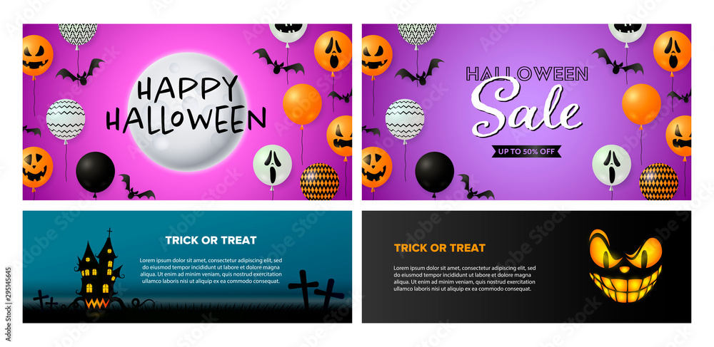 Happy Halloween purple, black banner set with bats and balloons