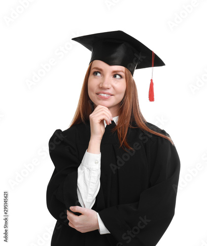 Happy student wearing graduation hat on white background