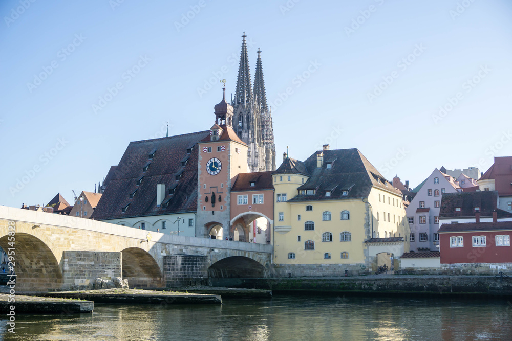 Stone bridge with bridge gate in Regensburg Bavaria Germany