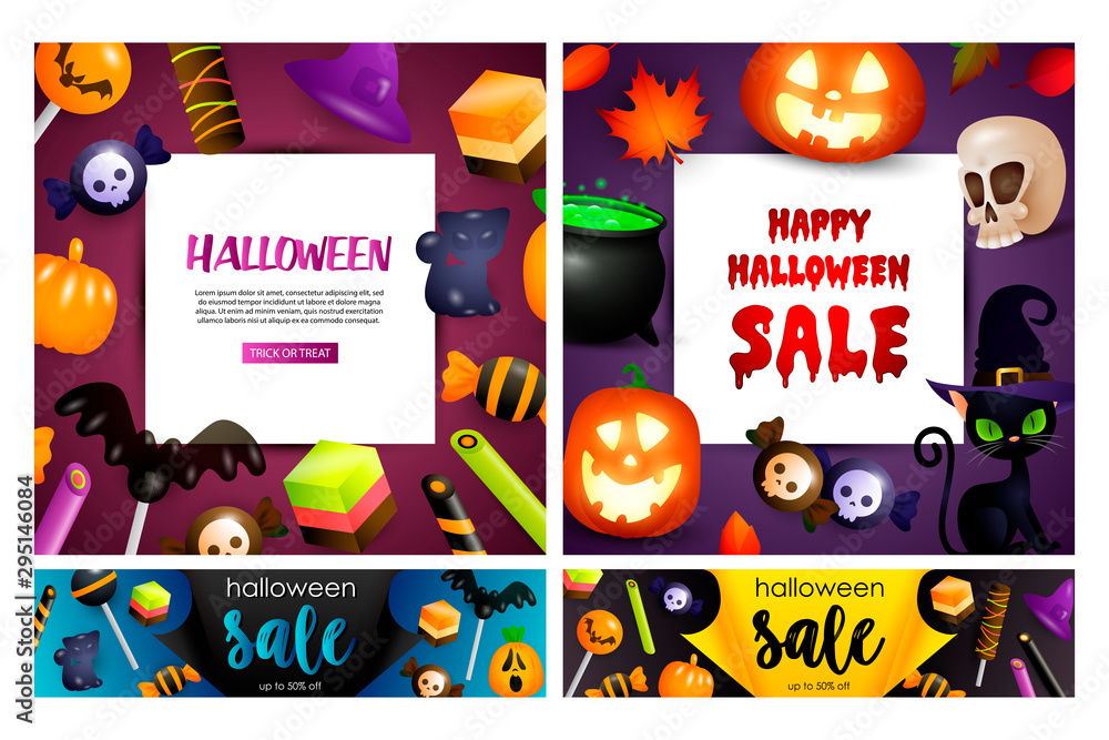 Halloween sale purple, violet banner set with candies