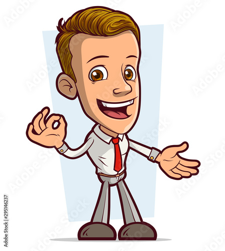 Cartoon brunette standing funny smiling boy character showing ok gesture with red tie. Isolated on white background. Vector icon.