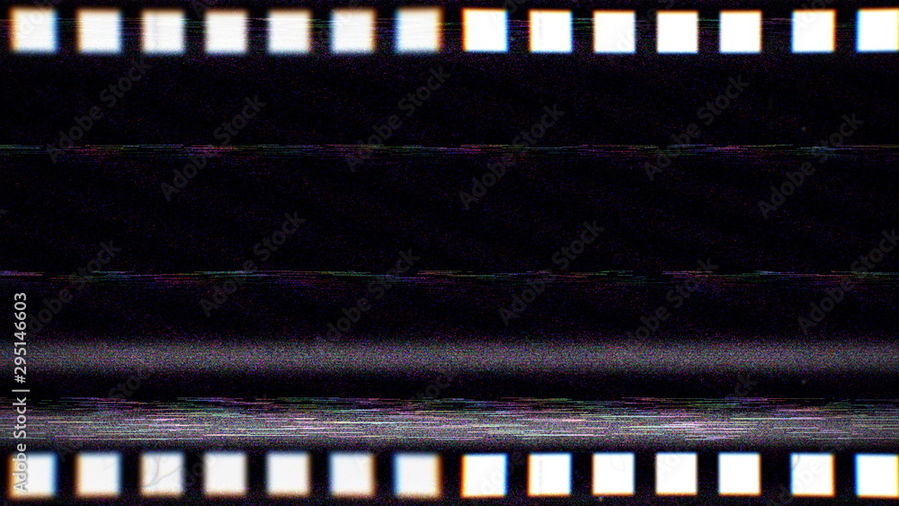 Vintage VHS film strip. Old reel overlay with dirt, defects, noise,  scratches, camera roll burns, grain and dust. Set TV tape glitch effect 4K  3D render on black background Stock Illustration