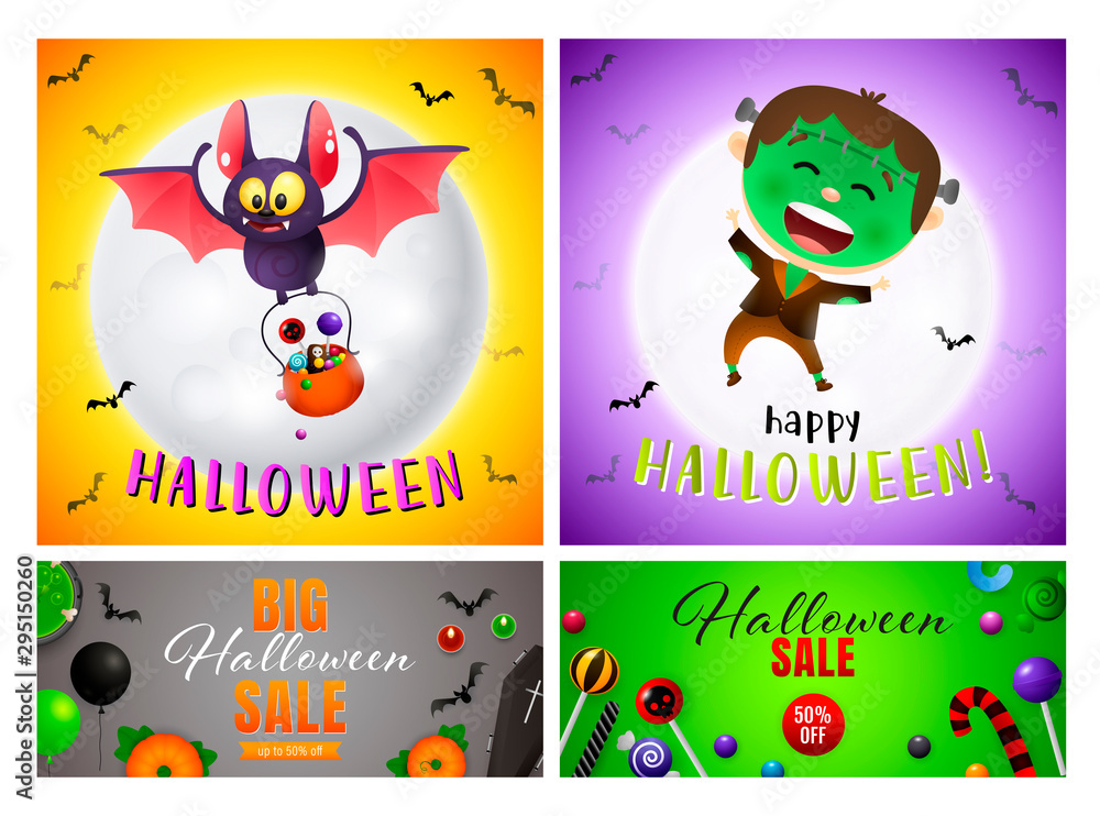 Fototapeta premium Halloween sale orange, gray banner set with frankenstein