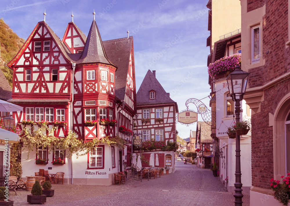 Bacharch, Germany, 09.20.2019, Half-timbered buildings in the old town of Bacharch. Rhine Valley - obrazy, fototapety, plakaty 
