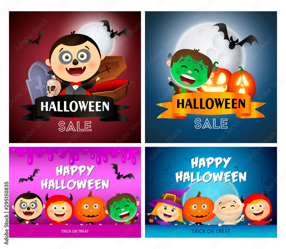 Halloween sale red, blue banner set with vampire, frankenstein Halloween sale red, blue banner set with vampire, frankenstein