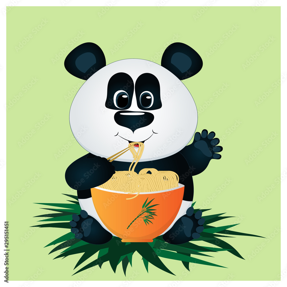 Fototapeta premium A cartoon panda sits on bamboo leaves and eats noodles from an orange bowl. A cute white bear with a black bear holds in its hands bamboo sticks with which it takes noodles. Characteristic kawaii.