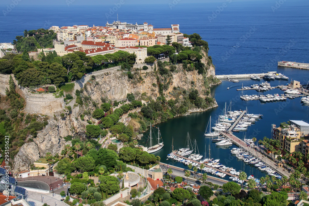 View of Monaco City and boat marina below in Monaco