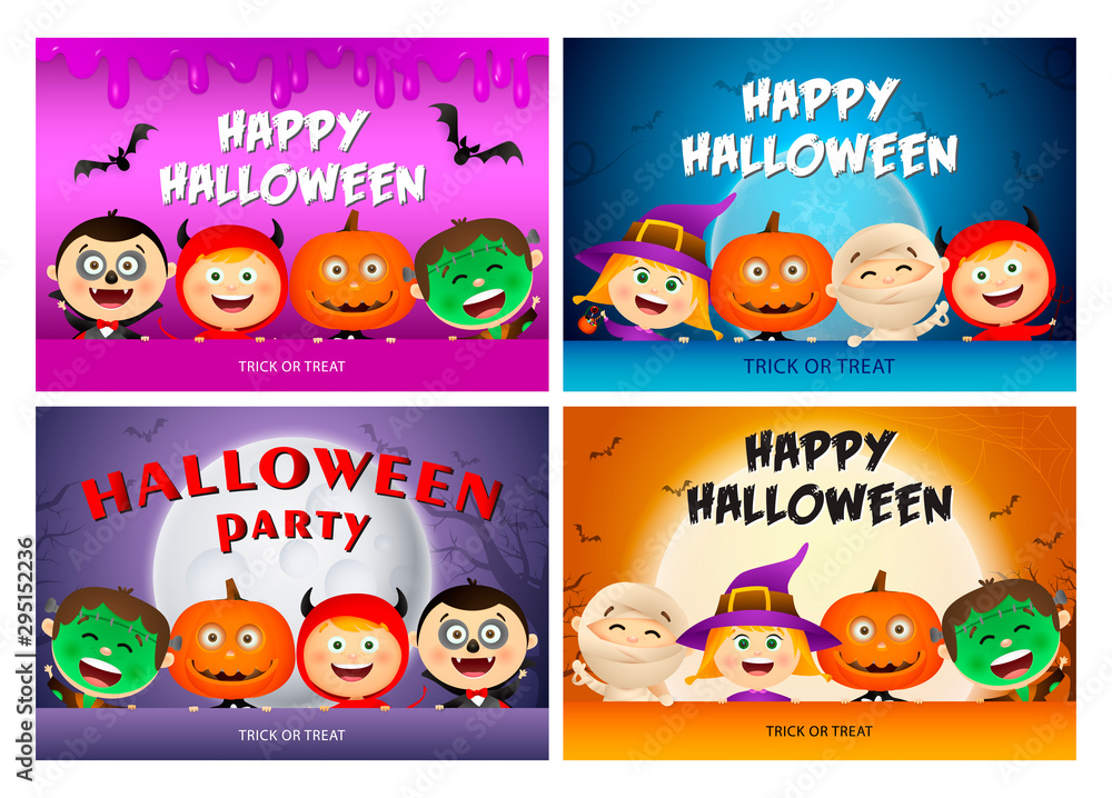 Fototapeta premium Happy Halloween pink, blue banner set with monsters