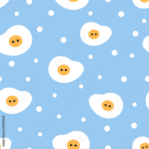 Vector seamless pattern of cute fried egg characters and polka dots on a bright blue background.