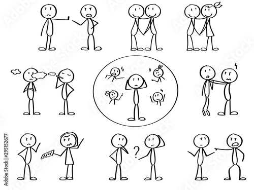 Set of stick men managing stress and pressure from other people. Abused characters solving communication problems. 