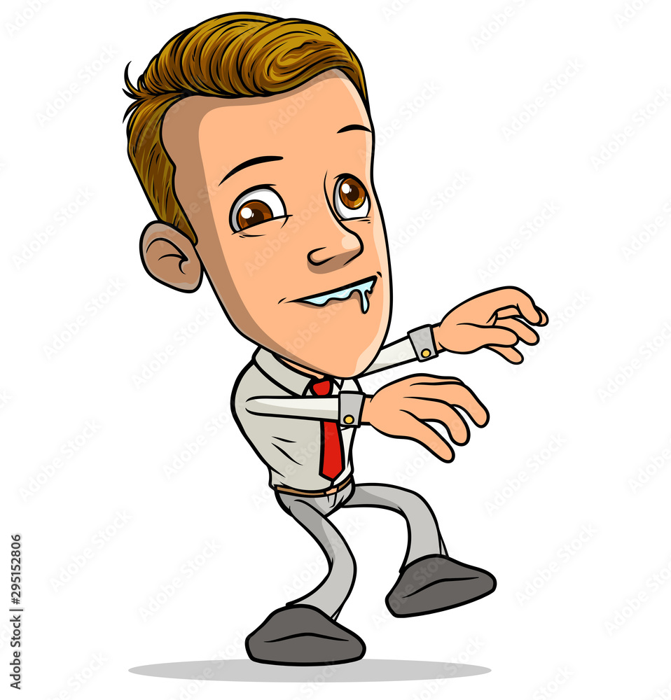 Cartoon brunette walking funny smiling boy character walking like a zombie  with red tie. Isolated on white background. Vector icon. Stock Vector |  Adobe Stock