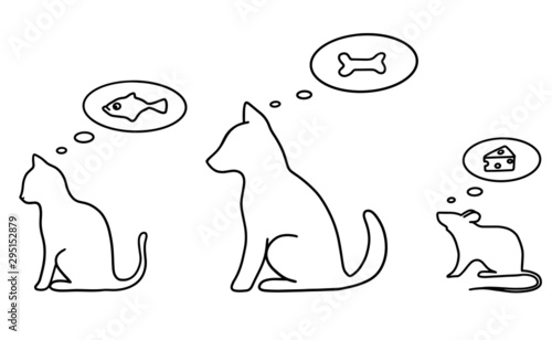 Set of 3 animals and their favorite foods.  Simple easy drawn elements for web or prints on zoological topic, pets. Vector hand drawn doodles.