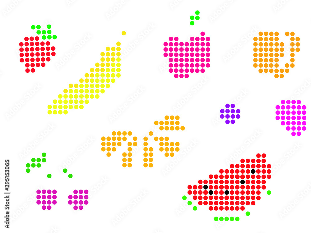 Fototapeta premium Fruits in Ben-Day Dots style. Simple abstract shapes of different fruits.