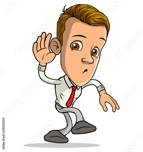 Cartoon brunette standing funny boy character attentively listen for something with red tie. Isolated on white background. Vector icon.