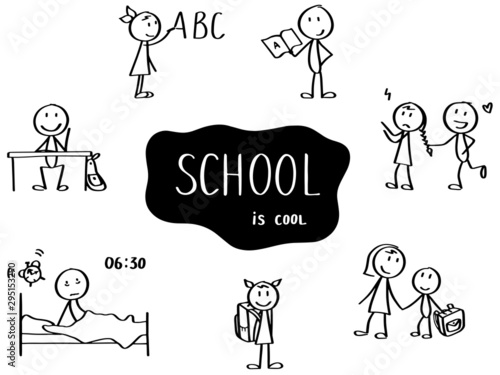 Set of stick men. School topic - reading book, writing ABC on the chalkboard, playing, waking up and going school. Funny hand drawn characters. Simple doodle style. 