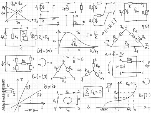 Set of vector mathematical formulas and solutions to problems and equations.  Homework of a student. Vector image of algebra and electrical engineering tasks.  photo