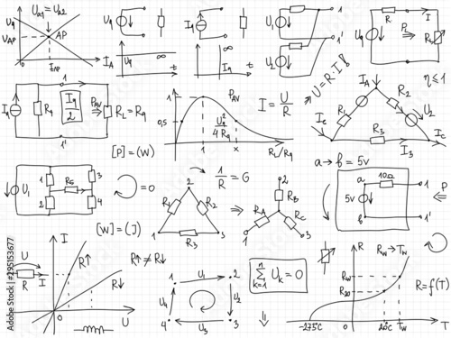 Set of vector mathematical formulas and solutions to problems and equations.  Homework of a student. Vector image of algebra and electrical engineering tasks. 