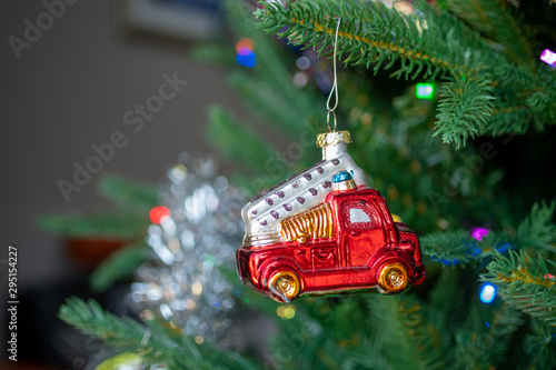 Christmas tree with decorations. Holiday, decor. Including variety of Christmas toys. 