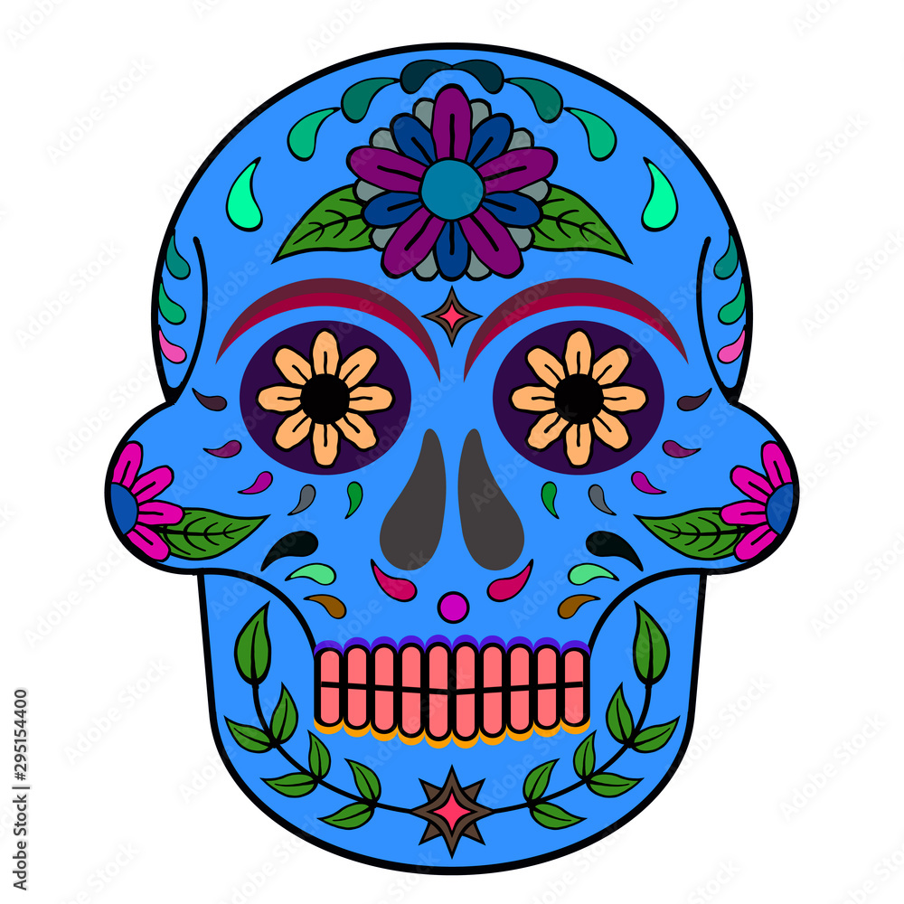 Day of The Dead, skull with floral ornament, deep sky blue, dark blue, coral, grey, violet colors, white background Day of The Dead, skull with floral ornament, deep sky blue, dark blue, coral, grey, violet colors, white background