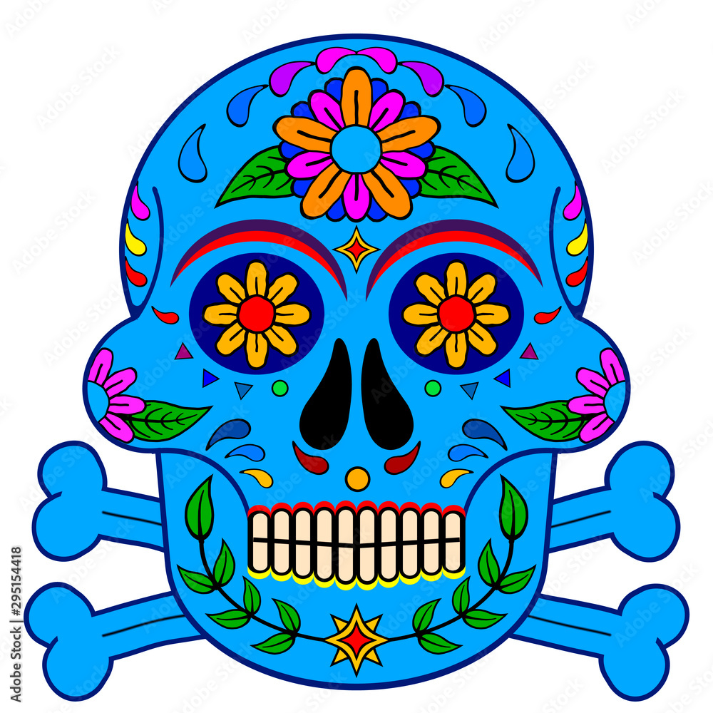 Day of The Dead, skull with floral ornament, light sky blue, dark aqua, navy, red, pink, green, orange colors, white background
