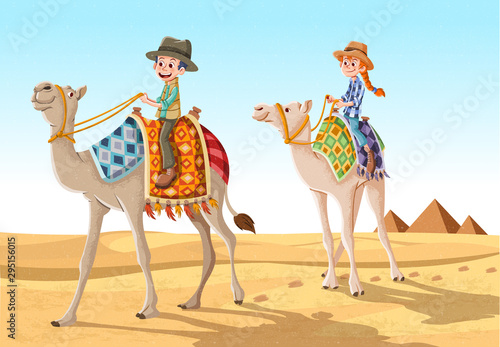 Cartoon children riding camels through the sand dunes in the desert. Camel caravan on Egypt.