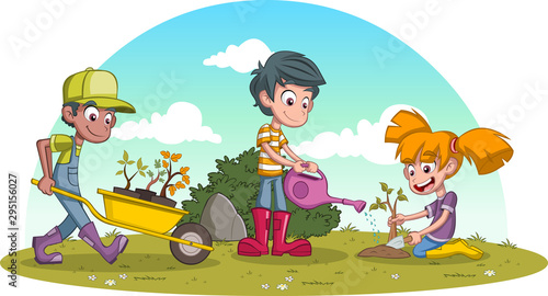 Kids planting trees on green park. Boys and girl gardening.