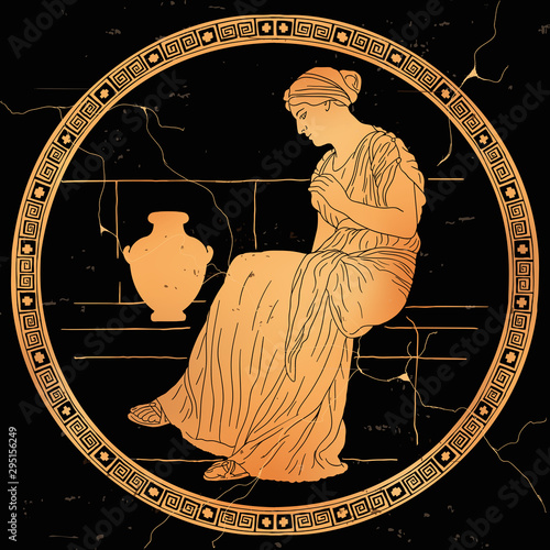 A young woman sits on a stone parapet with jugs. Vector image on black background.