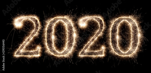 bright sparkler pyrotechnic fireworks number 2020 happy new year sylvester concept isolated black background