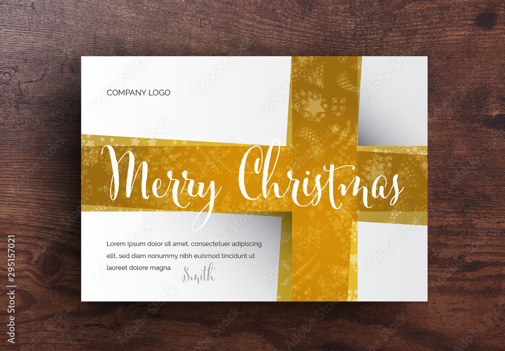Christmas Card Layout with Gold Bow Design Stock Template | Adobe Stock