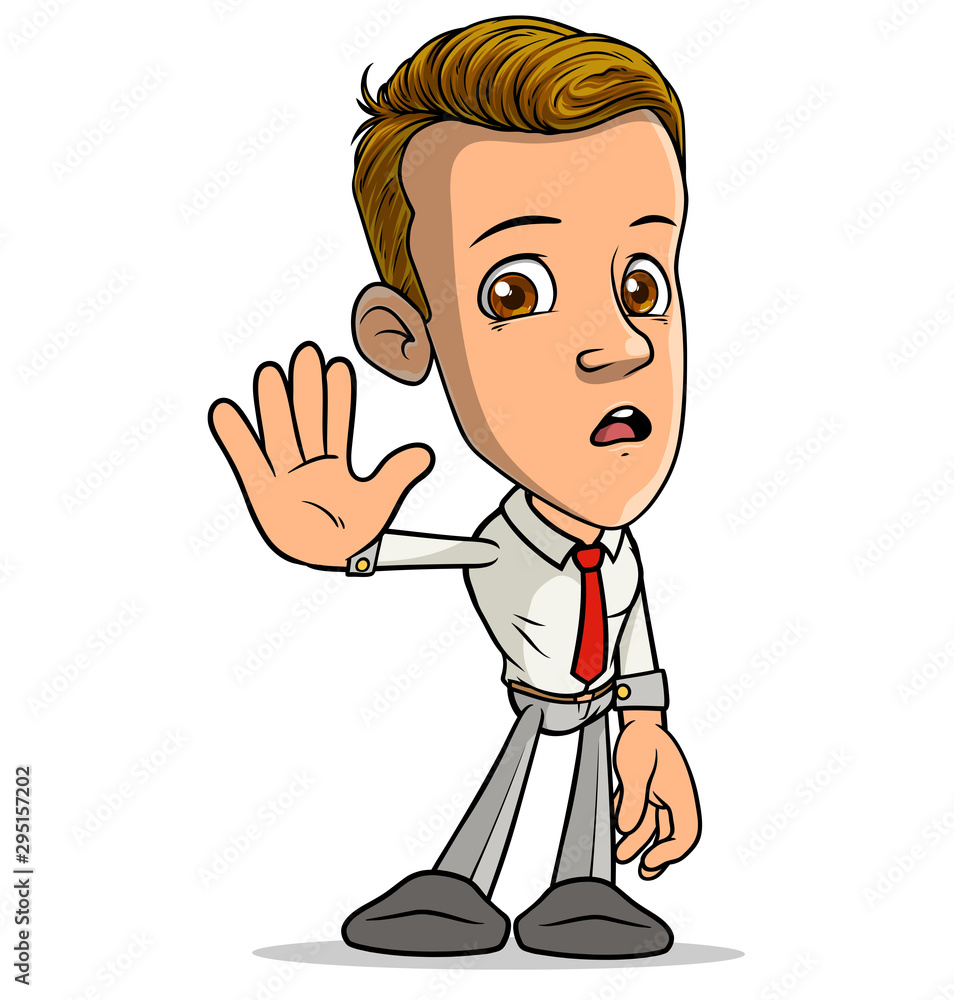 Cartoon brunette standing funny smiling boy character showing stop gesture sign with red tie. Isolated on white background. Vector icon.