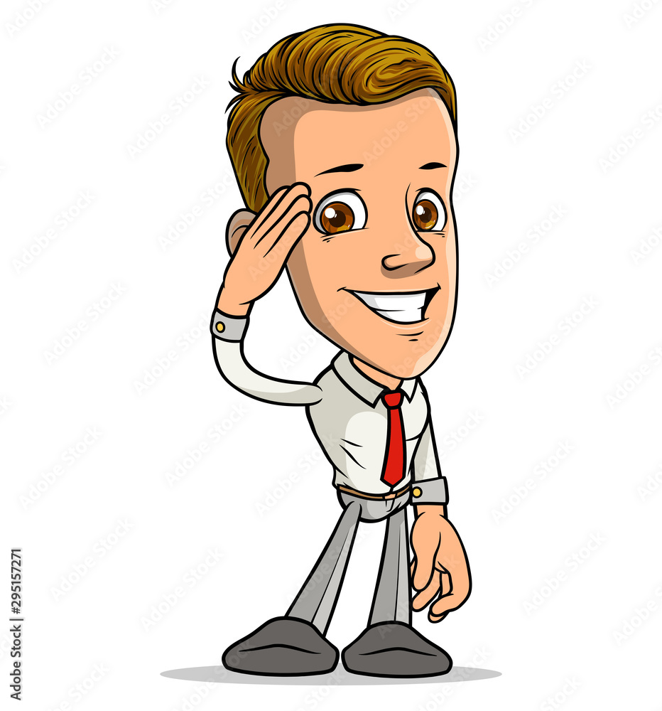 Cartoon brunette standing funny smiling boy showing army greeting with red tie. Isolated on white background. Vector icon. Cartoon brunette standing funny smiling boy showing army greeting with red tie. Isolated on white background. Vector icon.