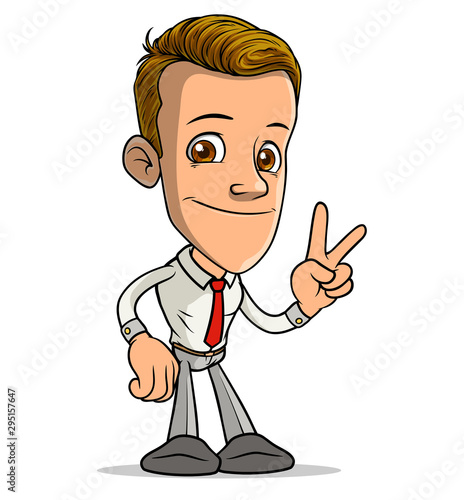 Cartoon brunette standing funny smiling boy character showing peace gesture sign with red tie. Isolated on white background. Vector icon.