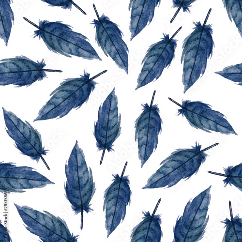 Blue feathers pattern watercolor 