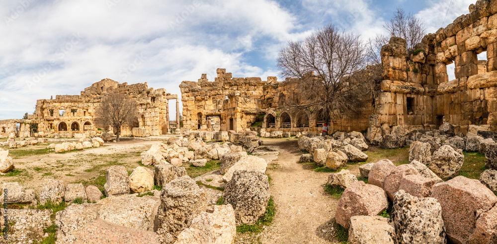 Ancient ruined walls and columns of Grand Court of Jupiter temple panorama, Beqaa Valley, Baalbeck, Lebanon