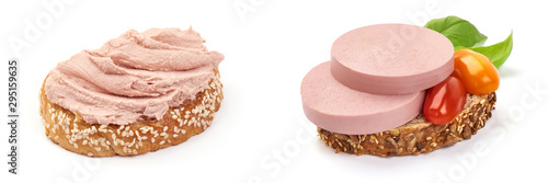 Chicken liver pate and boiled sausage sandwich, isolated on white background