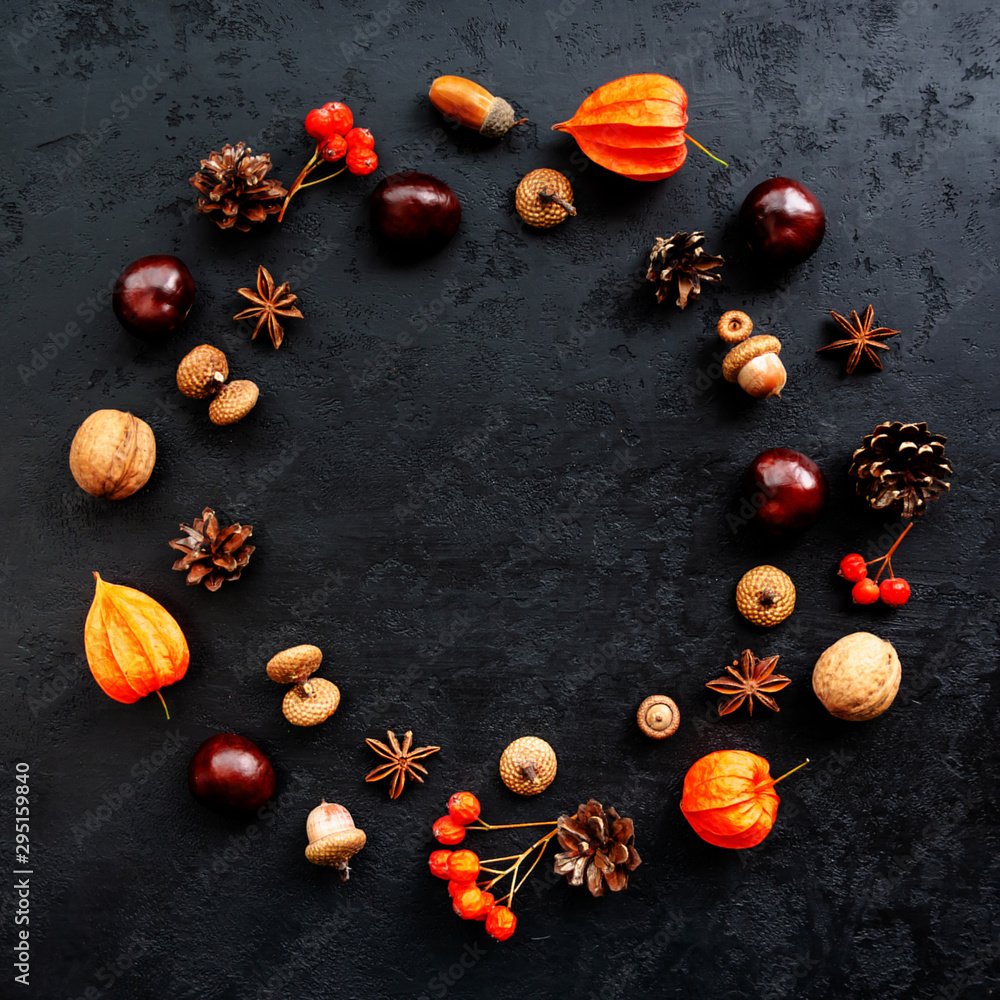 Autumn composition. Wreath made of acorns, chestnuts, pine cones, walnuts, anise stars, physalis, rowan berries on black background. Round frame. Flat lay, top view, copy space