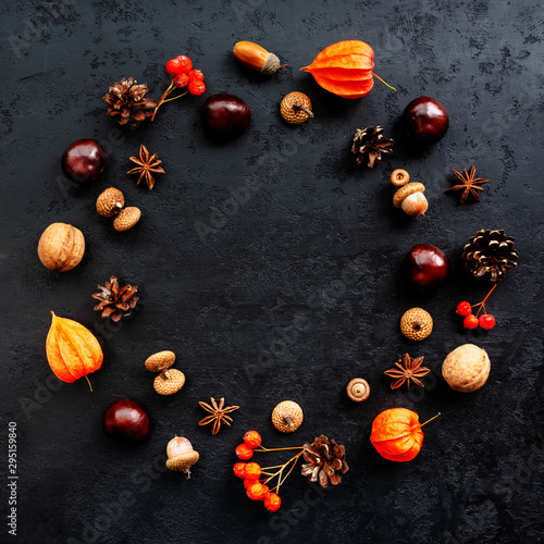 Autumn composition. Wreath made of acorns, chestnuts, pine cones, walnuts, anise stars, physalis, rowan berries on black background. Round frame. Flat lay, top view, copy space